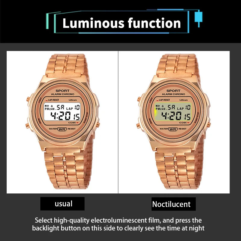 Montre LED Rétro Femme – Élégance Acier & Affichage Digital Lumineux