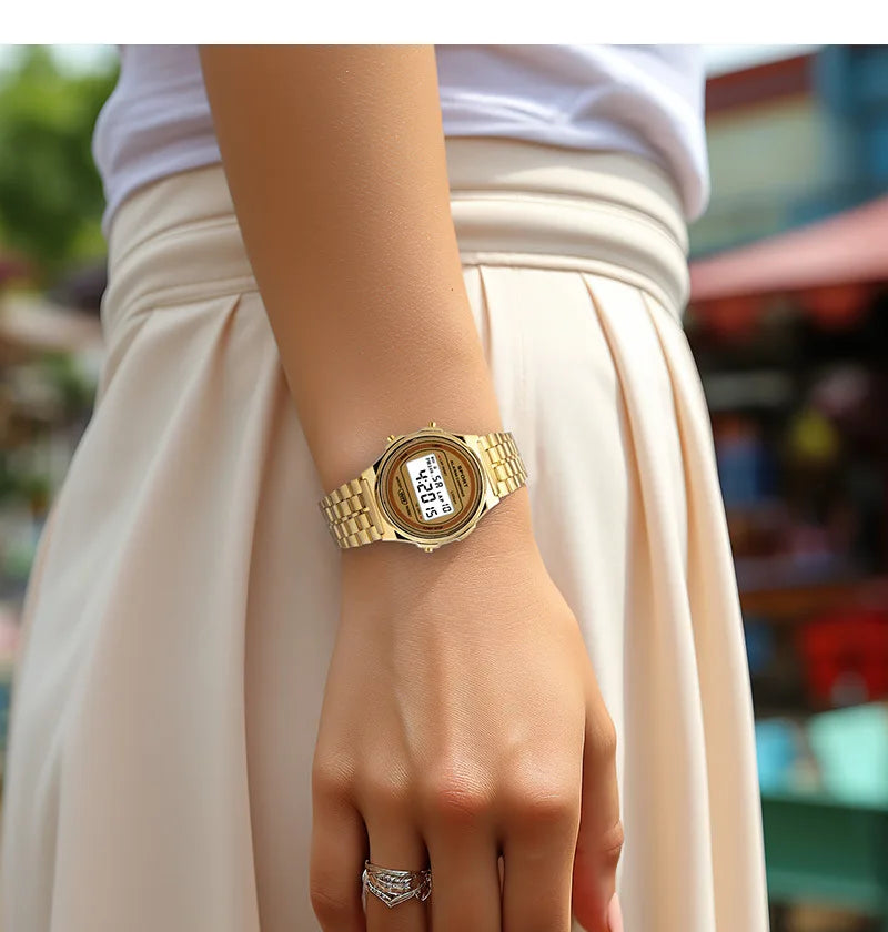 Montre LED Rétro Femme – Élégance Acier & Affichage Digital Lumineux