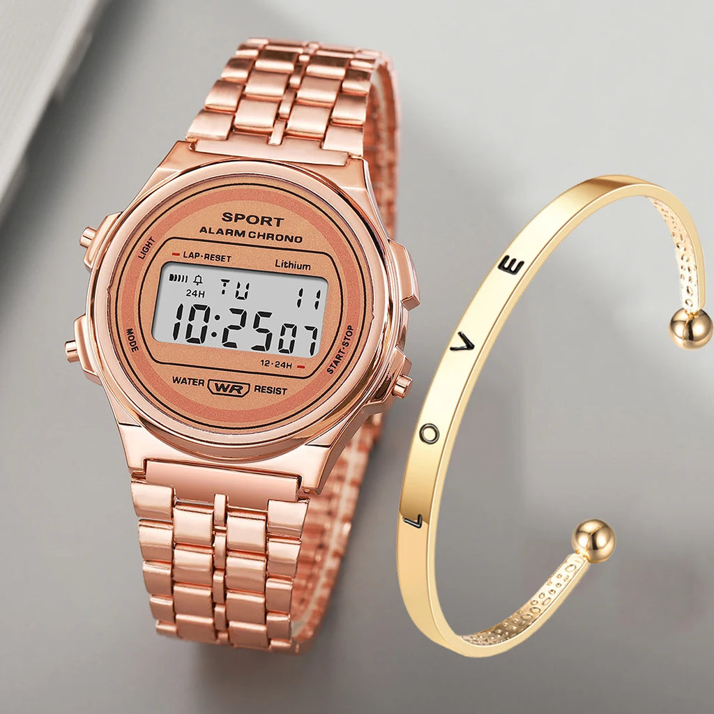 Montre LED Rétro Femme – Élégance Acier & Affichage Digital Lumineux